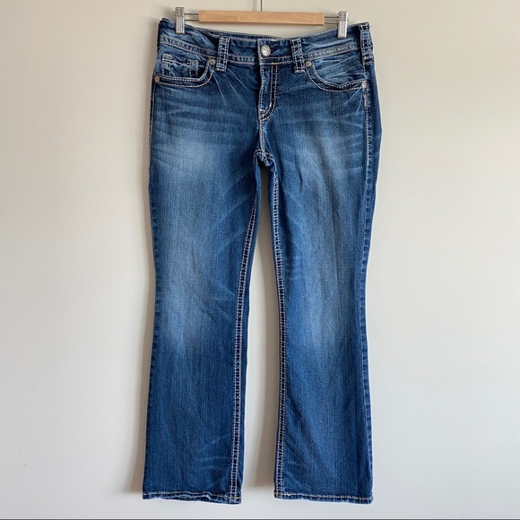 Silver SUKI Mid Slim Boot Jeans Fluid Denim Heavy Stitching Womens 31x31